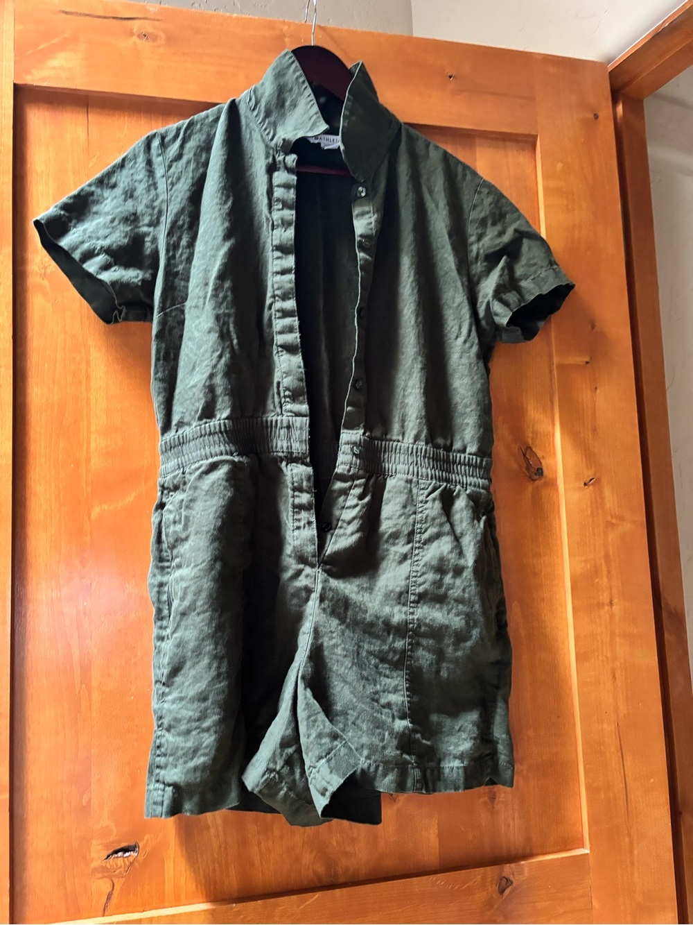 Athleta Olive Green Short-Sleeve Linen Romper